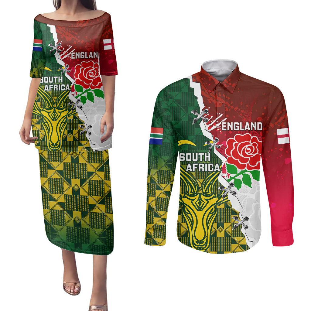 Personalised South Africa And England Rugby Couples Matching Puletasi Dress and Long Sleeve Button Shirts 2023 Springboks Combine Red Roses Sporty Style - Wonder Print Shop