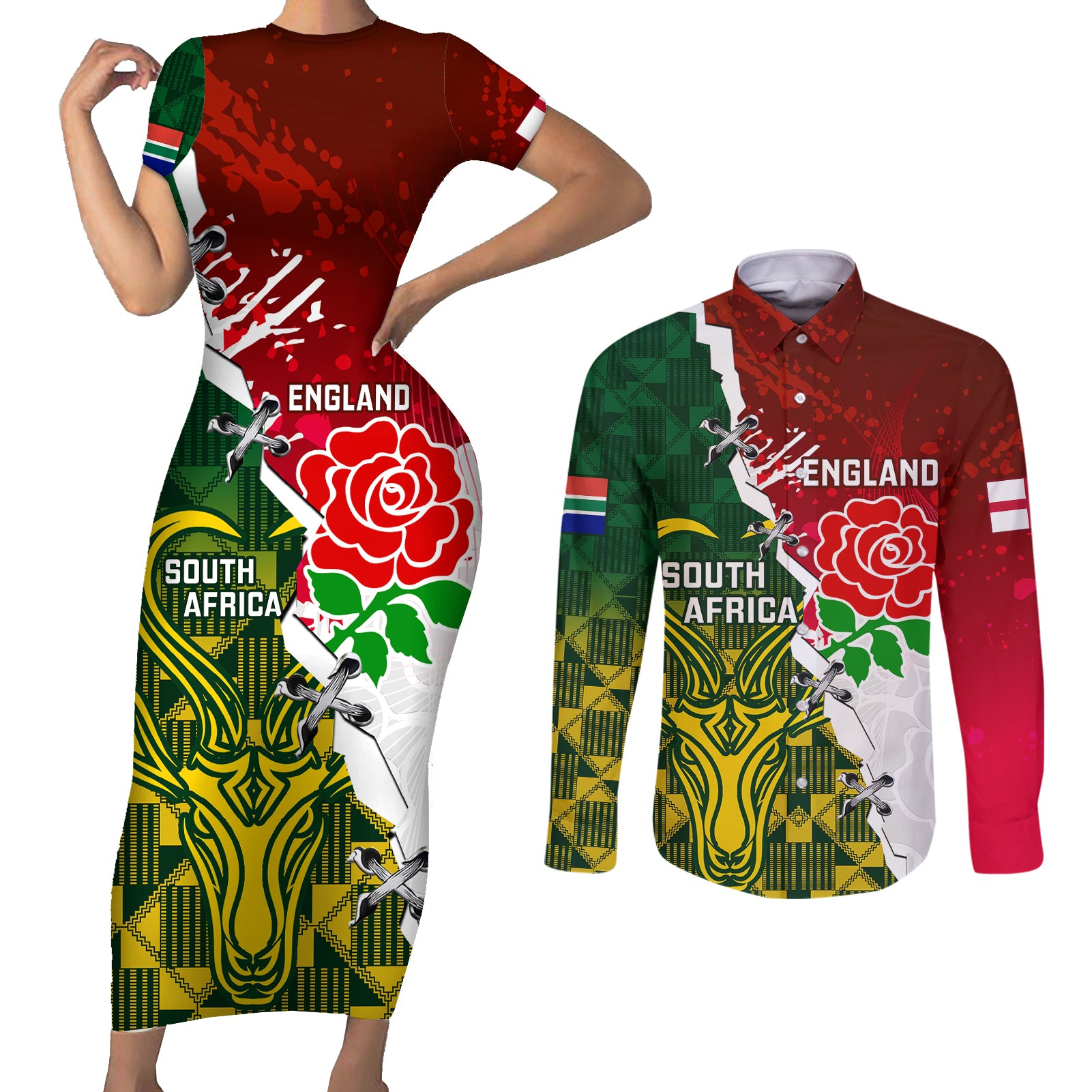 Personalised South Africa And England Rugby Couples Matching Short Sleeve Bodycon Dress and Long Sleeve Button Shirts 2023 Springboks Combine Red Roses Sporty Style - Wonder Print Shop