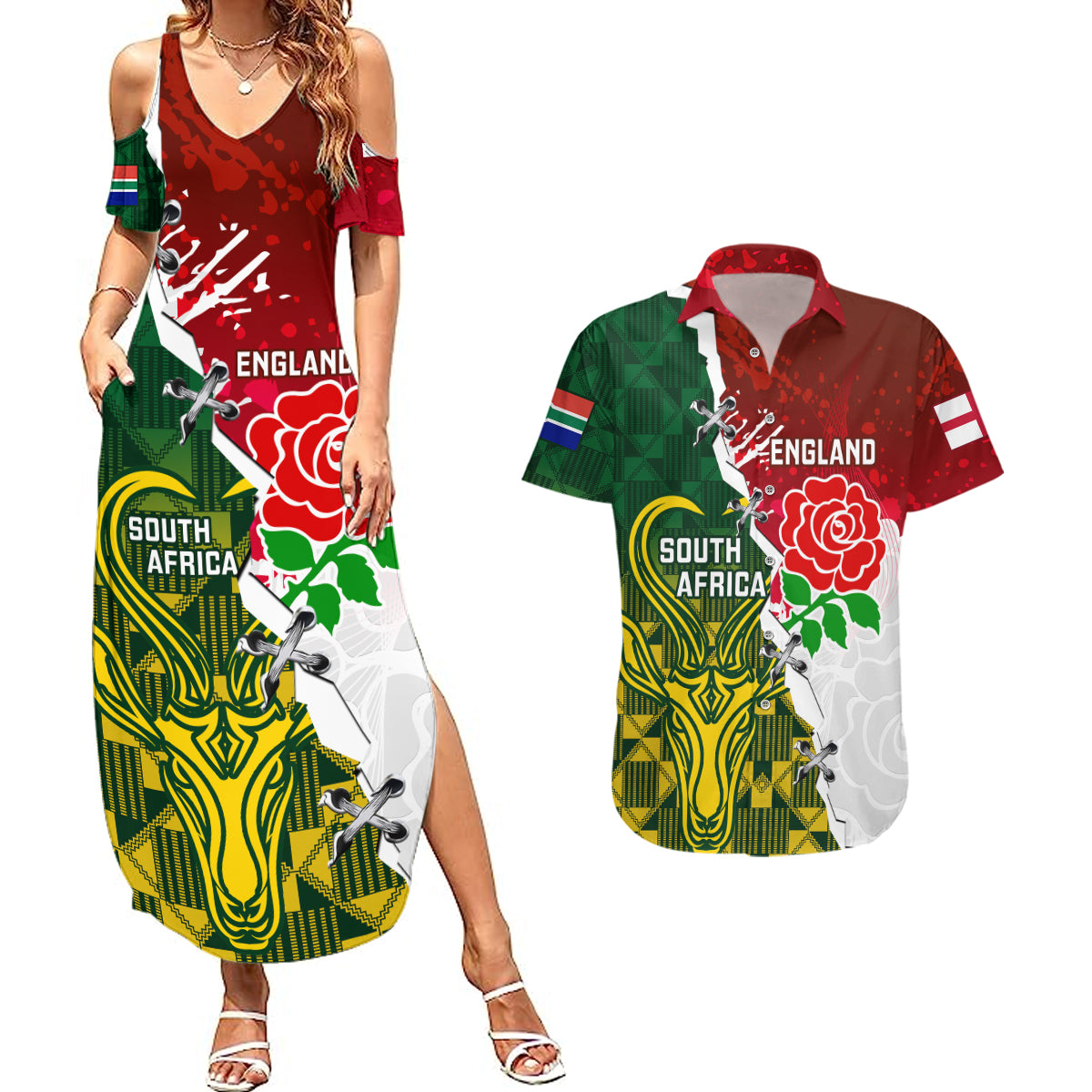 Personalised South Africa And England Rugby Couples Matching Summer Maxi Dress and Hawaiian Shirt 2023 Springboks Combine Red Roses Sporty Style - Wonder Print Shop