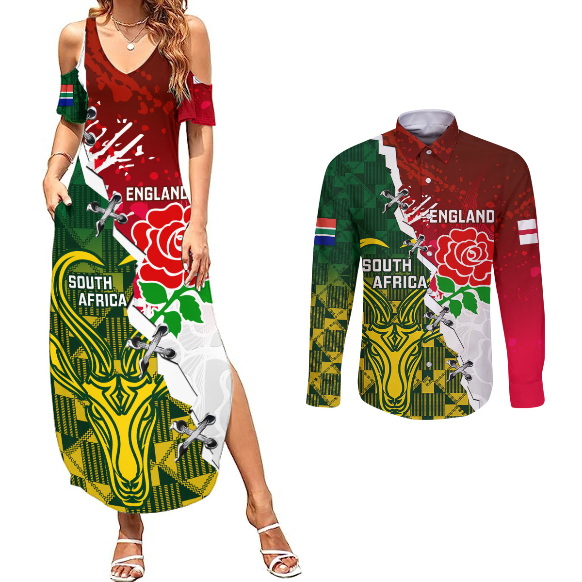 Personalised South Africa And England Rugby Couples Matching Summer Maxi Dress and Long Sleeve Button Shirts 2023 Springboks Combine Red Roses Sporty Style - Wonder Print Shop