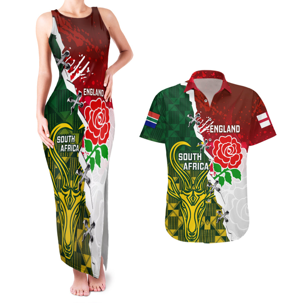 Personalised South Africa And England Rugby Couples Matching Tank Maxi Dress and Hawaiian Shirt 2023 Springboks Combine Red Roses Sporty Style - Wonder Print Shop