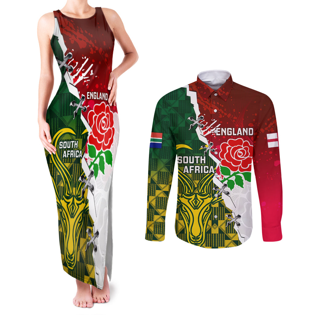 Personalised South Africa And England Rugby Couples Matching Tank Maxi Dress and Long Sleeve Button Shirts 2023 Springboks Combine Red Roses Sporty Style - Wonder Print Shop