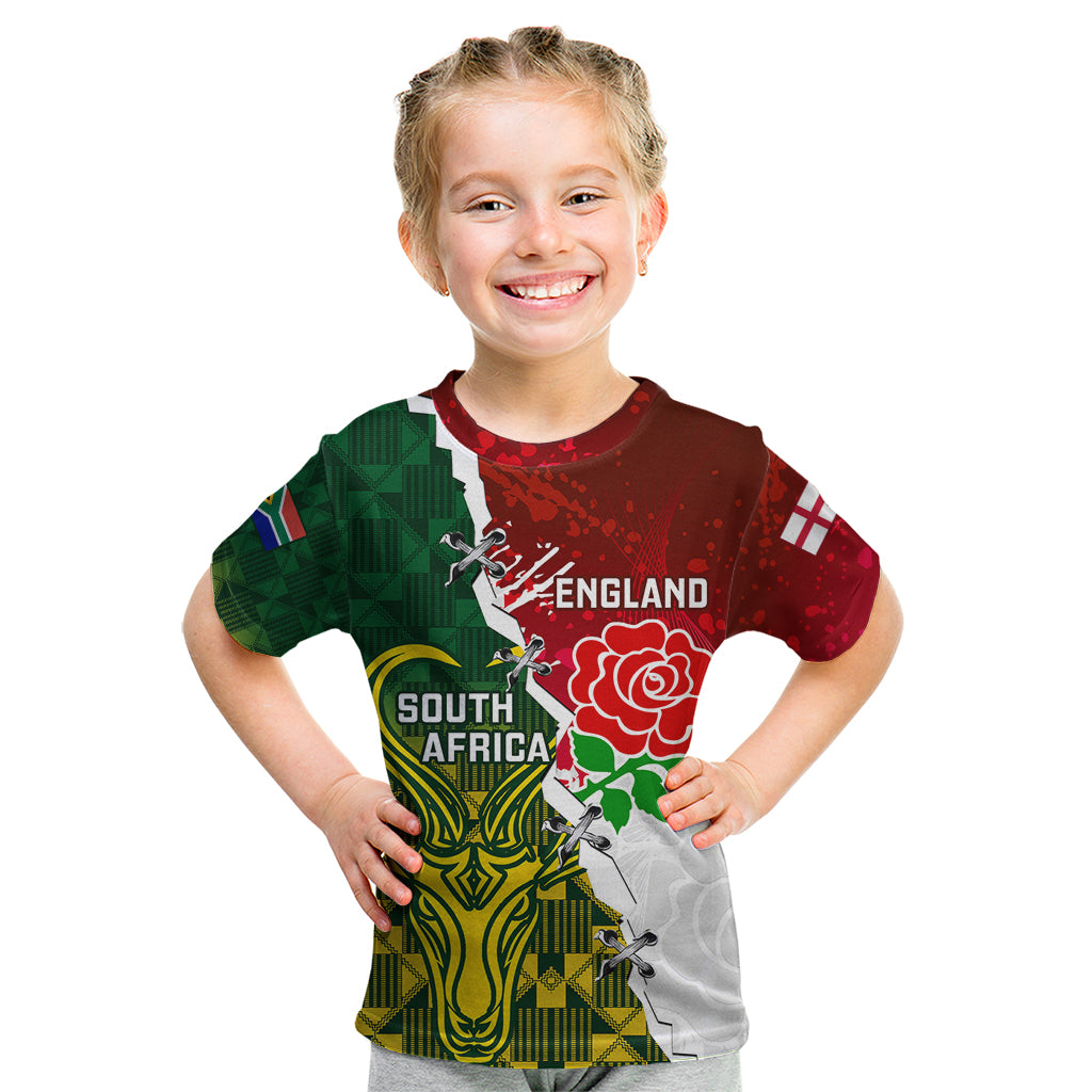 Personalised South Africa And England Rugby Kid T Shirt 2023 Springboks Combine Red Roses Sporty Style - Wonder Print Shop