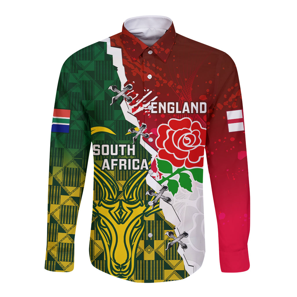 Red long-sleeve button rugby shirt with England and South Africa rose graphics