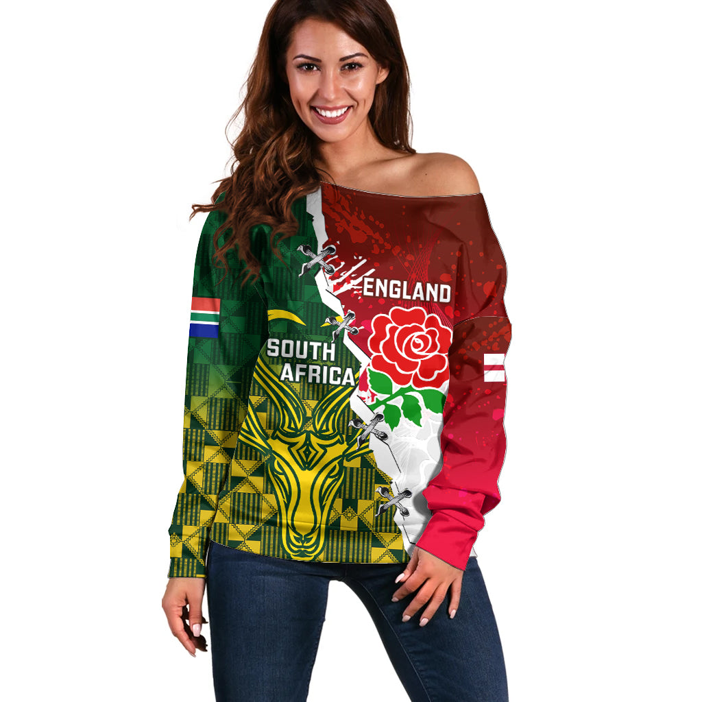 Personalised South Africa And England Rugby Off Shoulder Sweater 2023 Springboks Combine Red Roses Sporty Style - Wonder Print Shop