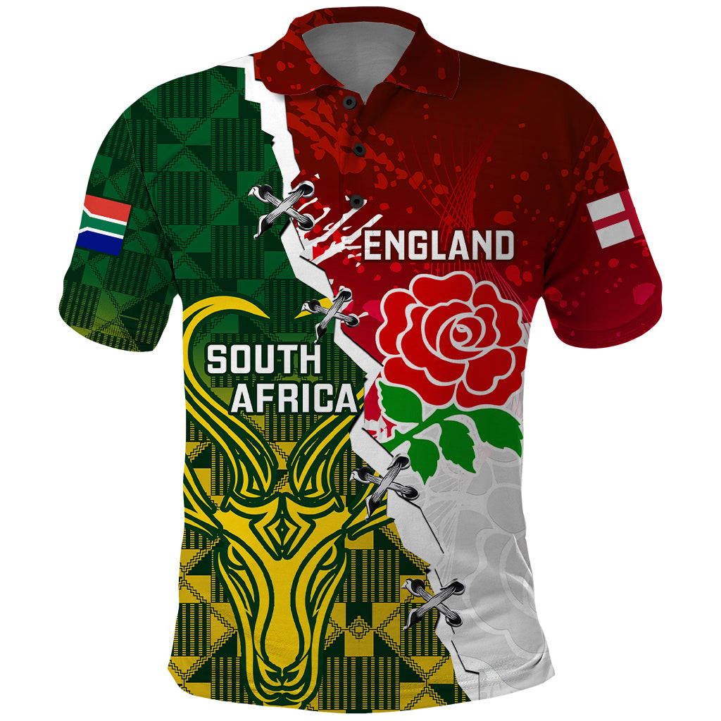 Rugby polo shirt with red/green panels, ENGLAND and SOUTH AFRICA text, rose graphic