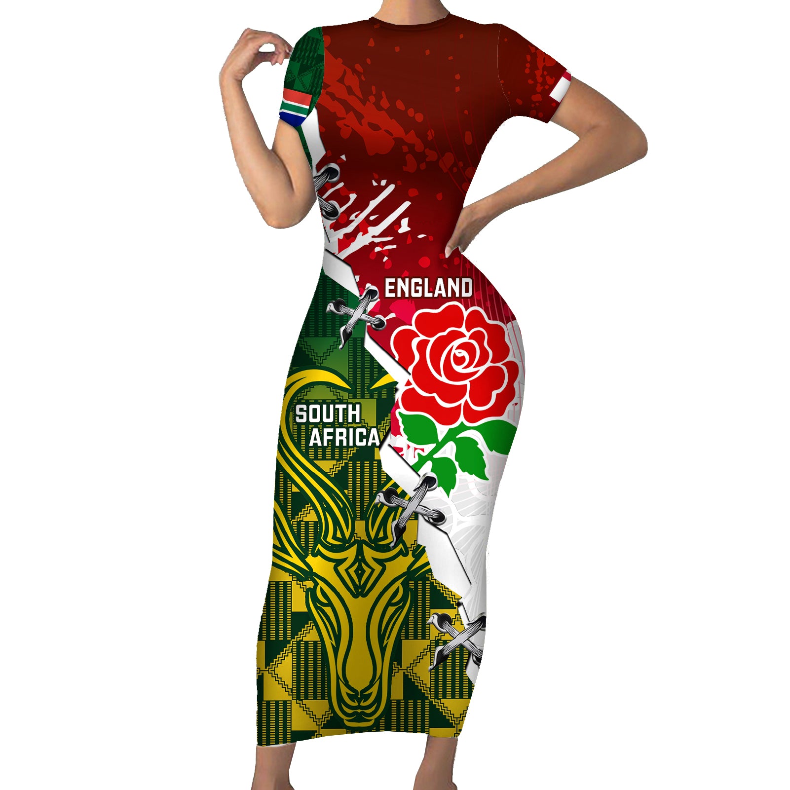 personalised-south-africa-and-england-rugby-short-sleeve-bodycon-dress-2023-springboks-combine-red-roses-sporty-style