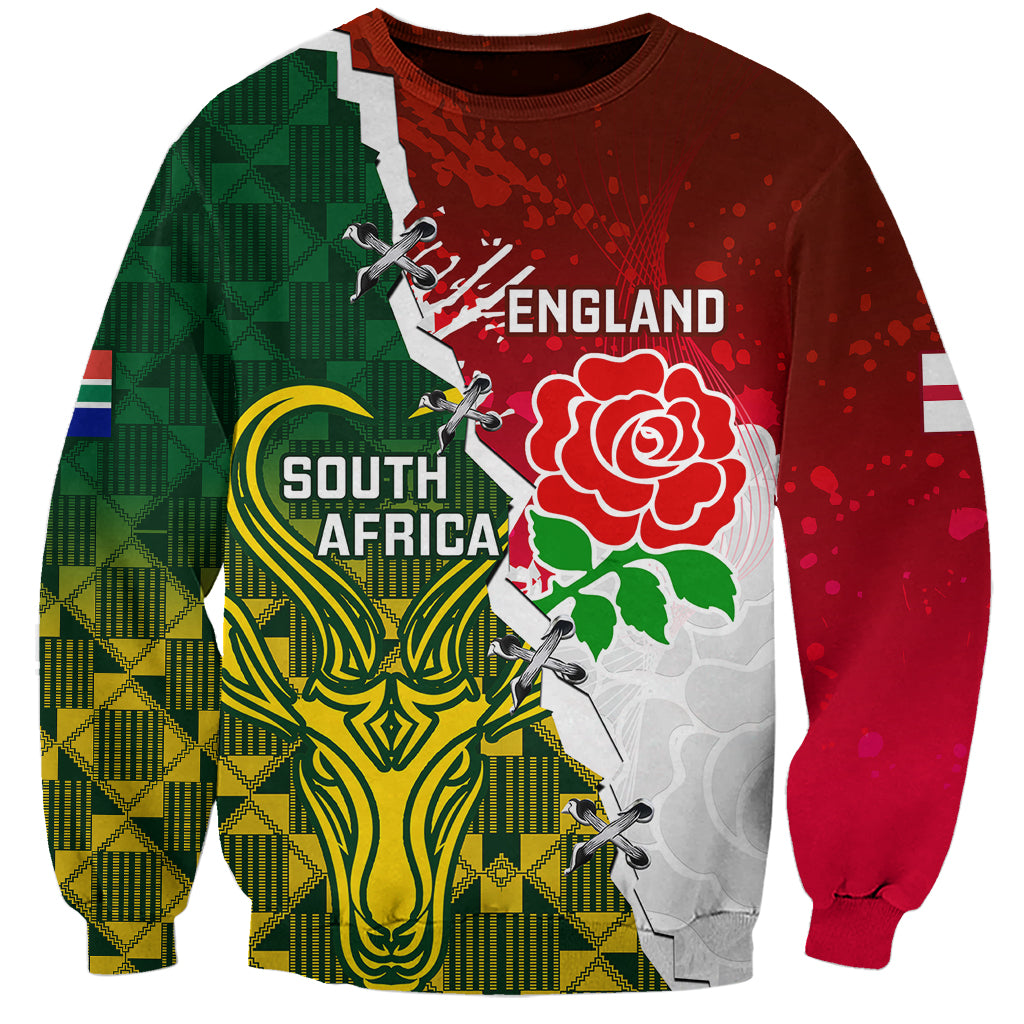 Personalized rugby sweatshirt with England and South Africa crest, red, green, white graphics