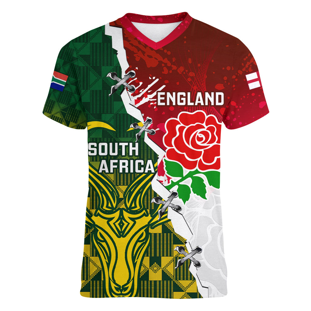 personalised-south-africa-and-england-rugby-women-v-neck-t-shirt-2023-springboks-combine-red-roses-sporty-style