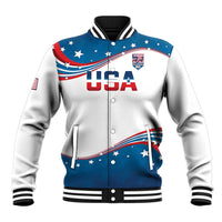 Unisex baseball jacket with white body, blue star-and-flag panel, USA crest on front
