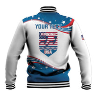 Baseball jacket back with blue-and-red USA flag graphics, rowing emblem, ribbed collar/cuffs