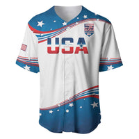 USA rowing baseball jersey, white with blue sleeves and stars, button front