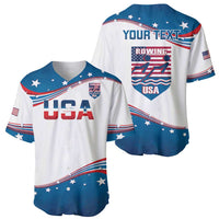 USA rowing baseball jersey set, front and back views in white and blue with flag graphics
