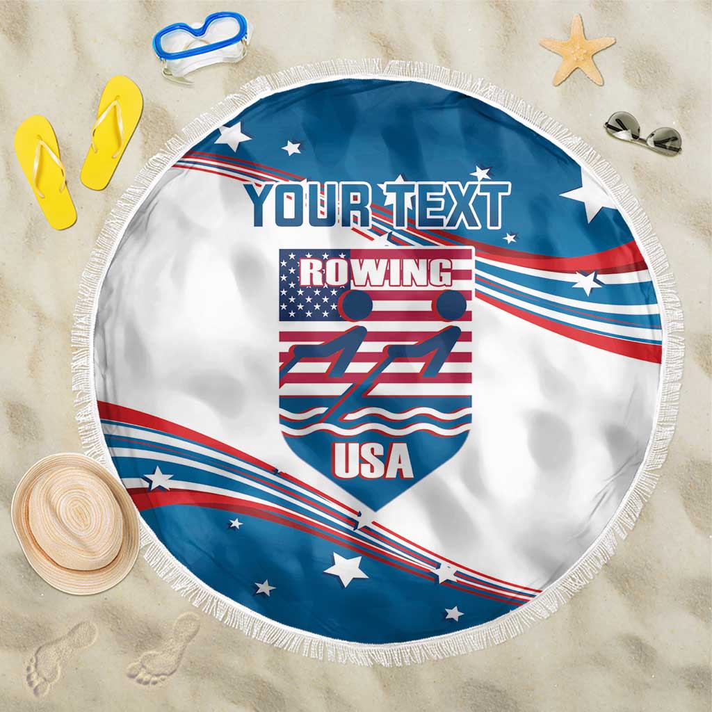 Round beach blanket with fringe, white and blue USA rowing design and stars