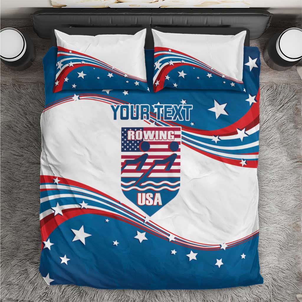USA rowing duvet cover set with 'YOUR TEXT' and crest, curved blue star flag graphics