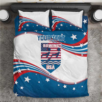 USA rowing duvet cover set with 'YOUR TEXT' and crest, curved blue star flag graphics