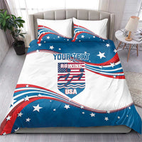 Blue and white rowing USA bedding set with 'YOUR TEXT' center crest and curved flag lines