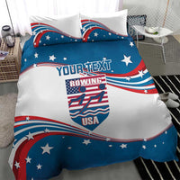 Blue and white rowing USA duvet cover with 'YOUR TEXT' and crest, two matching pillows