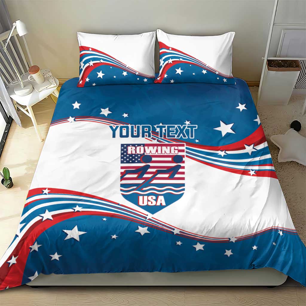 Blue and white USA rowing duvet cover set with centered crest and curved red stripe bands