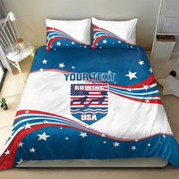 Blue and white USA rowing duvet cover set with centered crest and curved red stripe bands