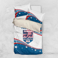 Top view: blue and white USA rowing duvet cover set with pillowcases and 'YOUR TEXT' crest
