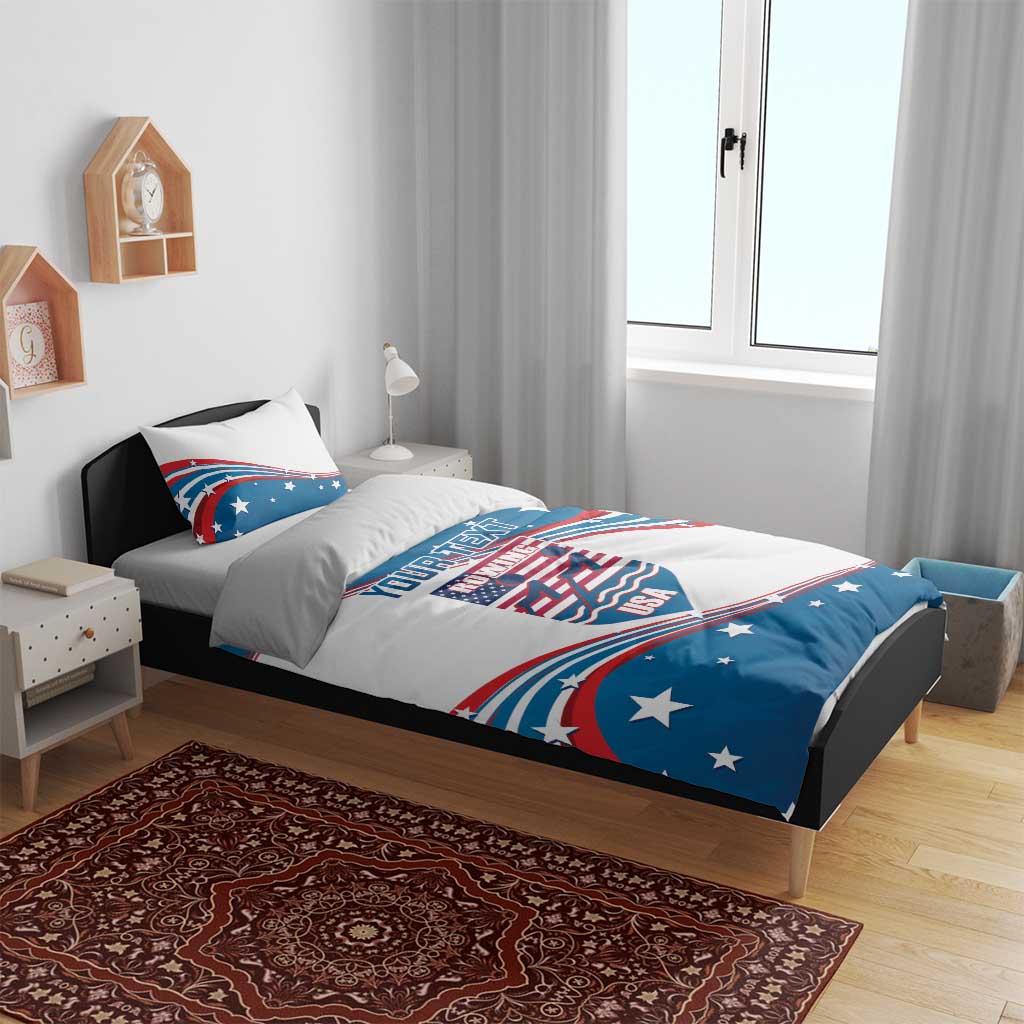 Blue and white USA rowing flag duvet cover with matching pillowcases, curved banner design