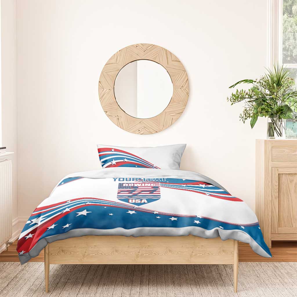 Blue and white curved USA rowing duvet with matching pillowcases on wooden bed