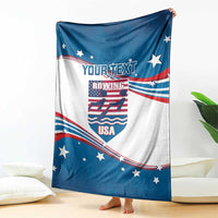 Personalized USA rowing blanket held up, blue and white flag pattern with rowing emblem and stars
