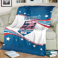 Personalized USA rowing blanket over armchair, bold flag colors with stars and curved stripe border