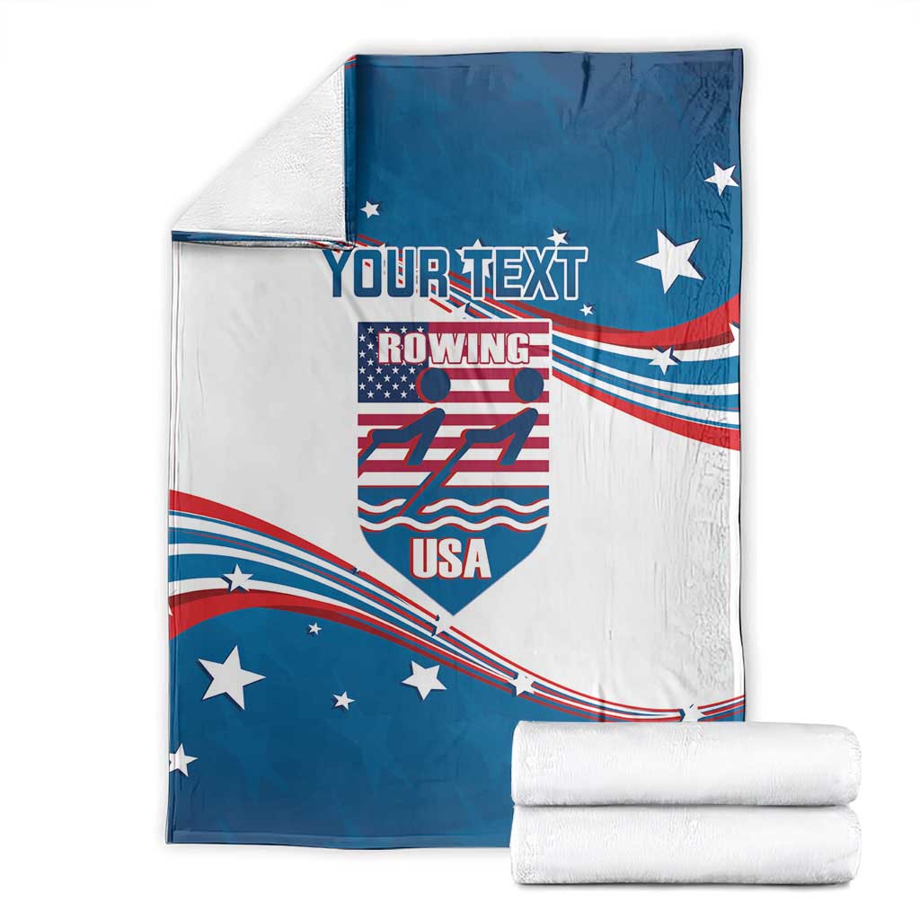 Personalized USA rowing blanket product shot, blue and white flag with rowing USA logo and stars