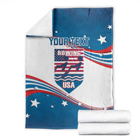 Personalized USA rowing blanket product shot, blue and white flag with rowing USA logo and stars