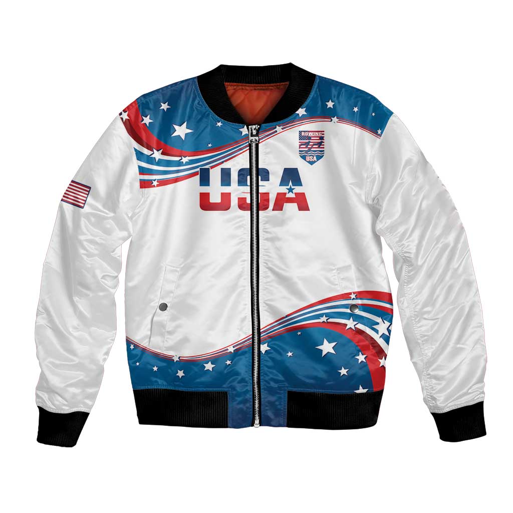 USA rowing bomber jacket, white and blue with zip front and star flag graphics