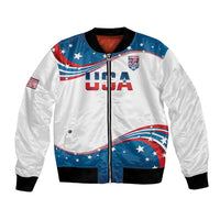 USA rowing bomber jacket, white and blue with zip front and star flag graphics