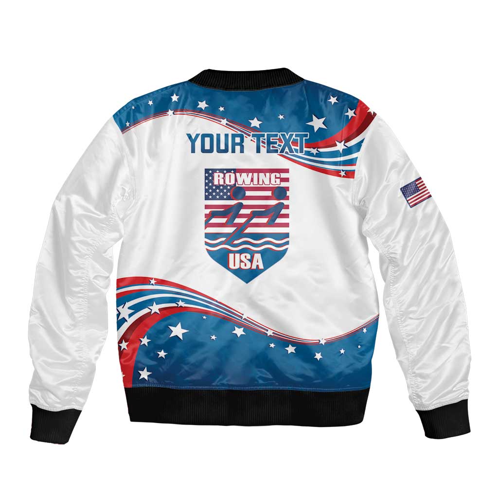 USA rowing bomber jacket back, white/blue with YOUR TEXT and rowing USA graphic