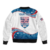 USA rowing bomber jacket back, white/blue with YOUR TEXT and rowing USA graphic
