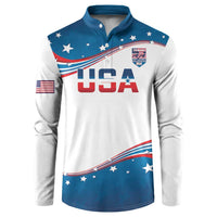USA rowing button sweatshirt front, white body with blue yoke and USA stars-and-stripes