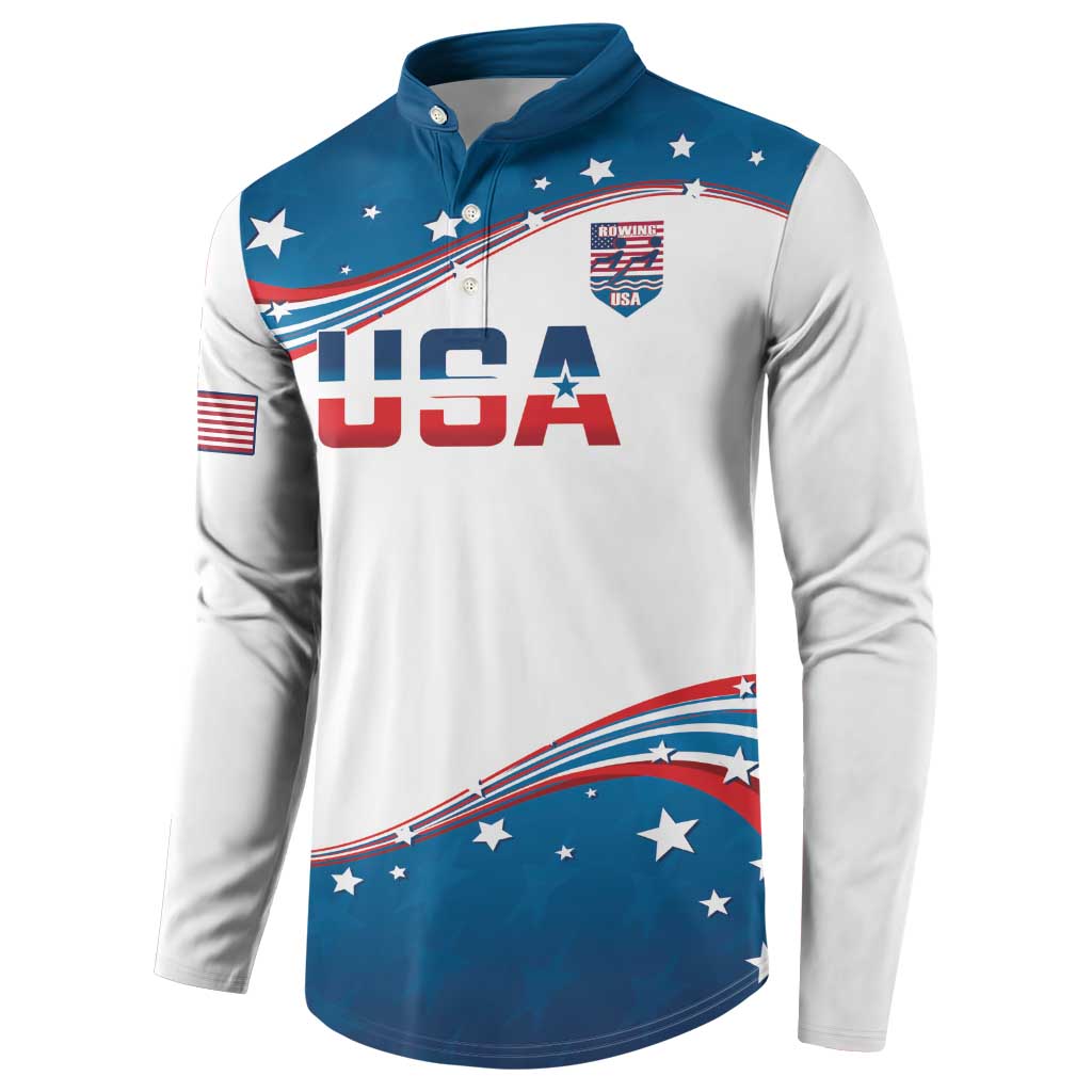 USA rowing button sweatshirt, front view with large USA text and blue wave hem