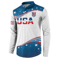 USA rowing button sweatshirt, front view with large USA text and blue wave hem
