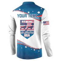 USA rowing button sweatshirt, back view with YOUR TEXT, rowing crest, and stars