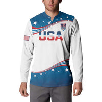 USA rowing button sweatshirt, blue-and-white with stars, stripes, and USA crest