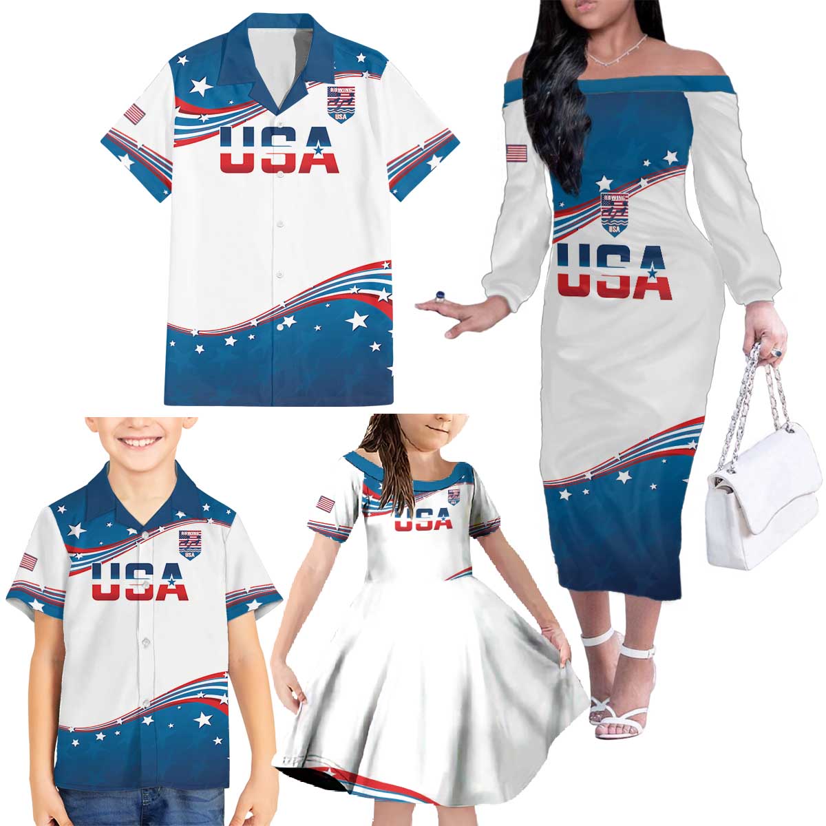 Personalized USA Rowing Family Matching Off The Shoulder Long Sleeve Dress and Hawaiian Shirt 2024 United States Flag Curve Style - Wonder Print Shop