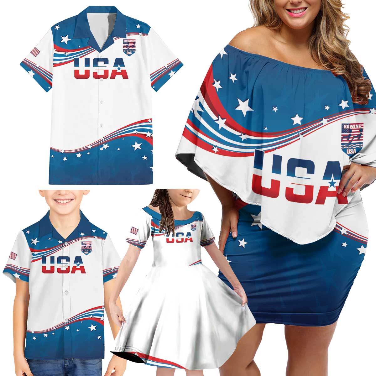 Personalized USA Rowing Family Matching Off Shoulder Short Dress and Hawaiian Shirt 2024 United States Flag Curve Style - Wonder Print Shop