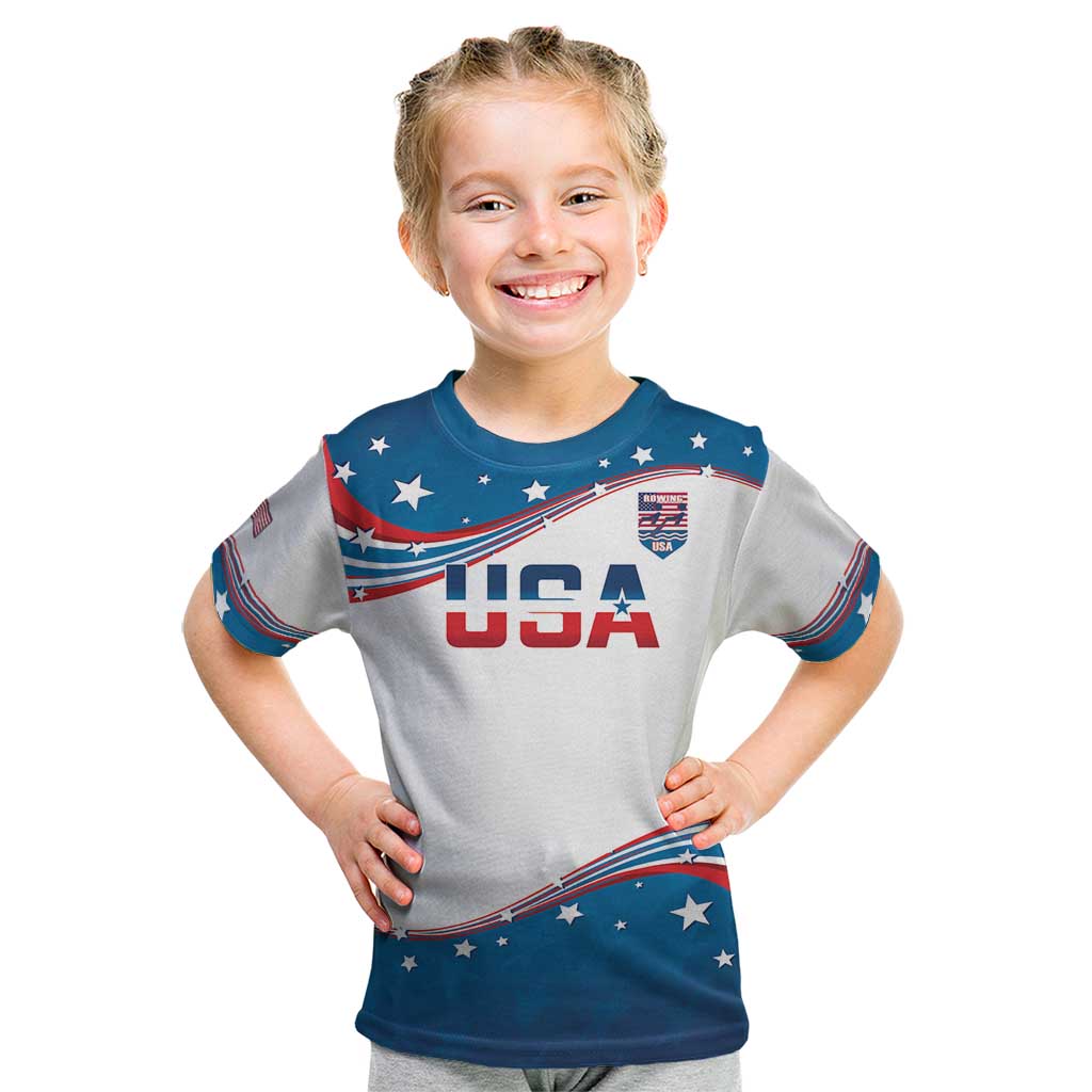 Personalized USA Rowing Kid T Shirt 2024 United States Flag Curve Style - Wonder Print Shop