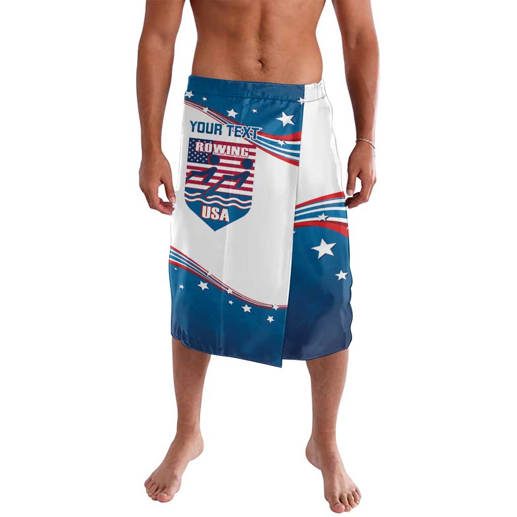 Men's curve-style USA flag swim wrap skirt, blue and white panel with stars and stripes