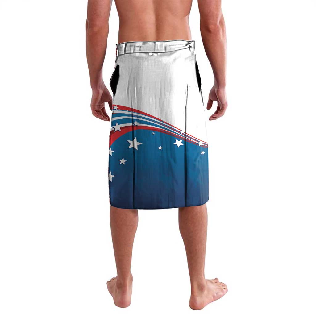 Men's curve-style USA flag swim wrap skirt, reverse view with blue stripe waves and stars