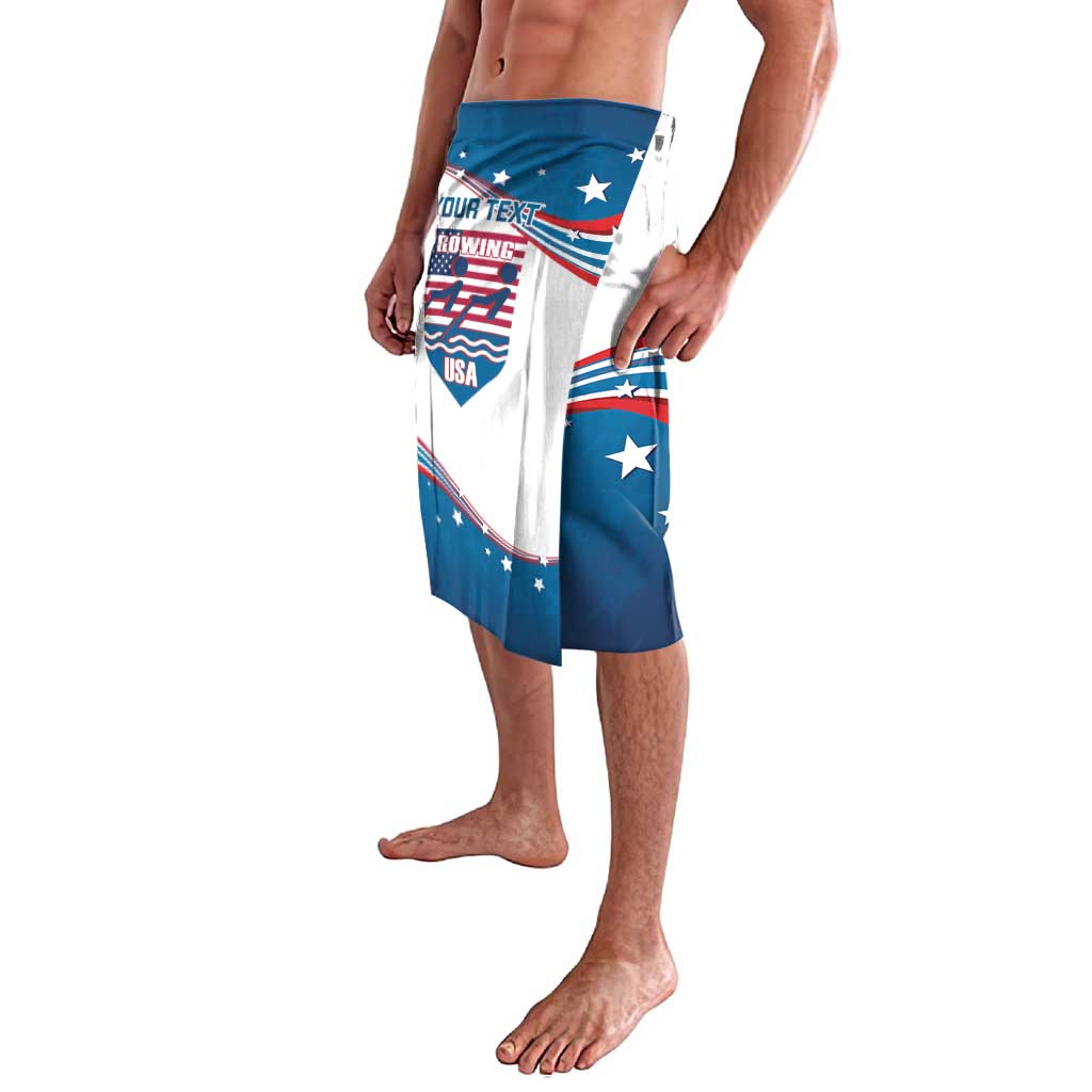 Men's curve-style USA flag swim wrap skirt, side view with blue stars panel and curved hem