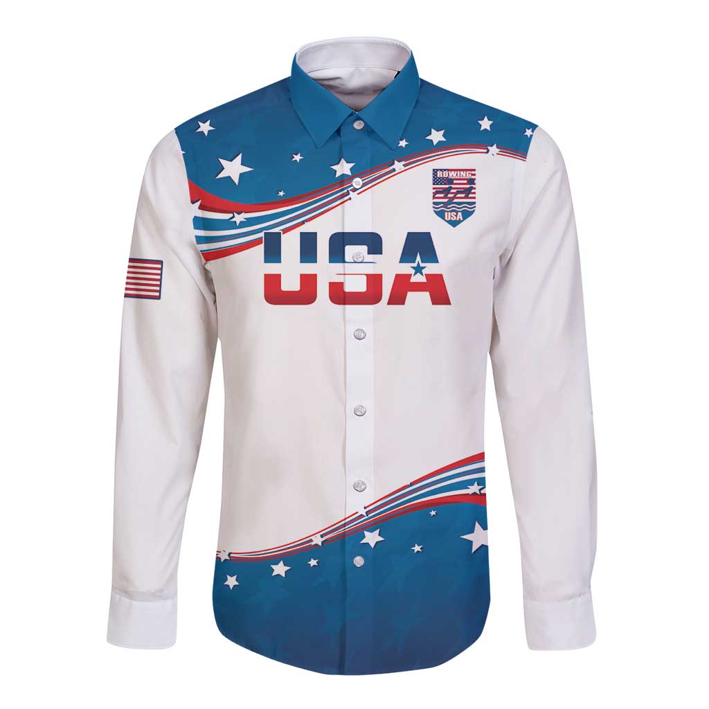 Long-sleeve button rowing shirt, white with blue/red USA flag graphic on front