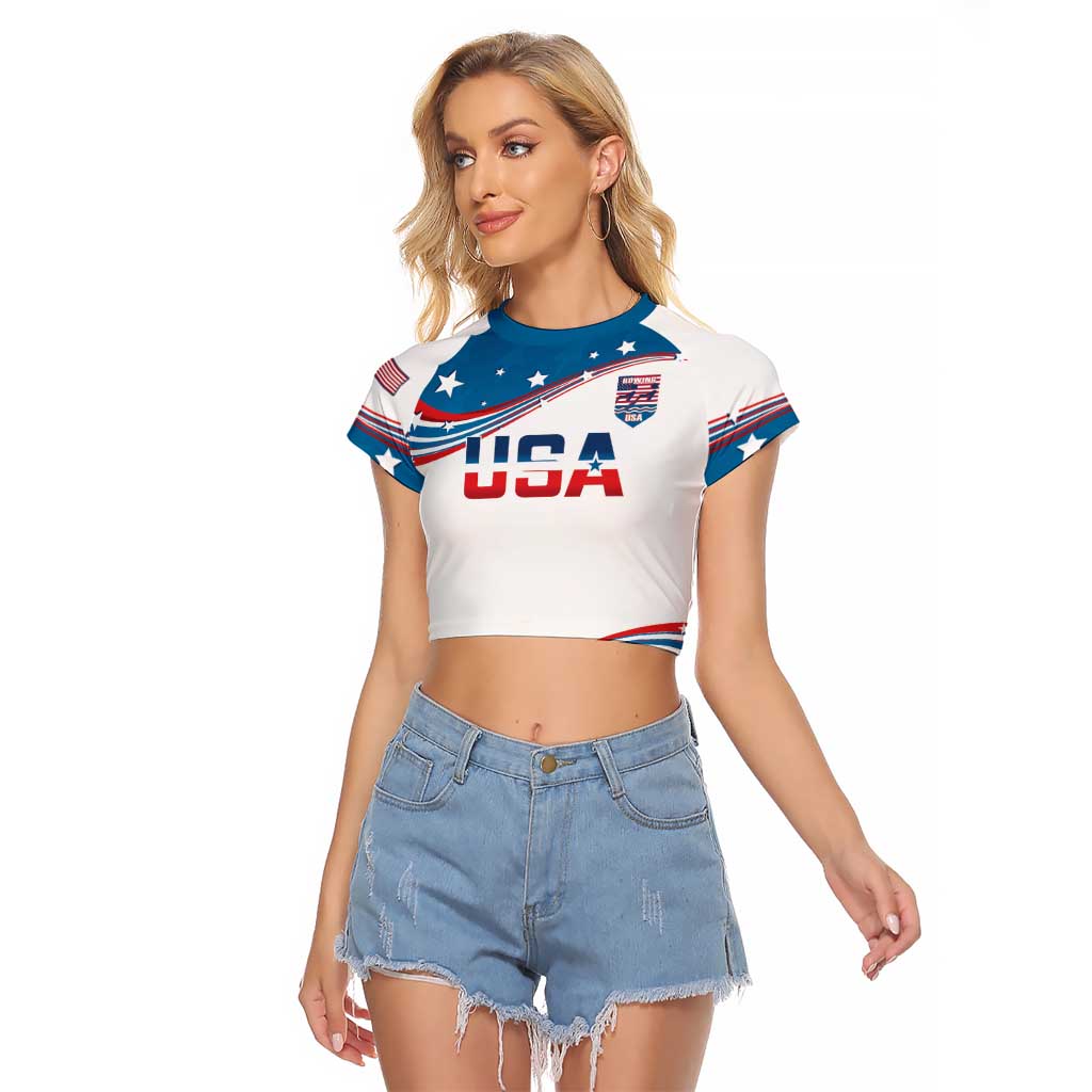 Personalized USA Rowing Raglan Cropped T Shirt 2024 United States Flag Curve Style