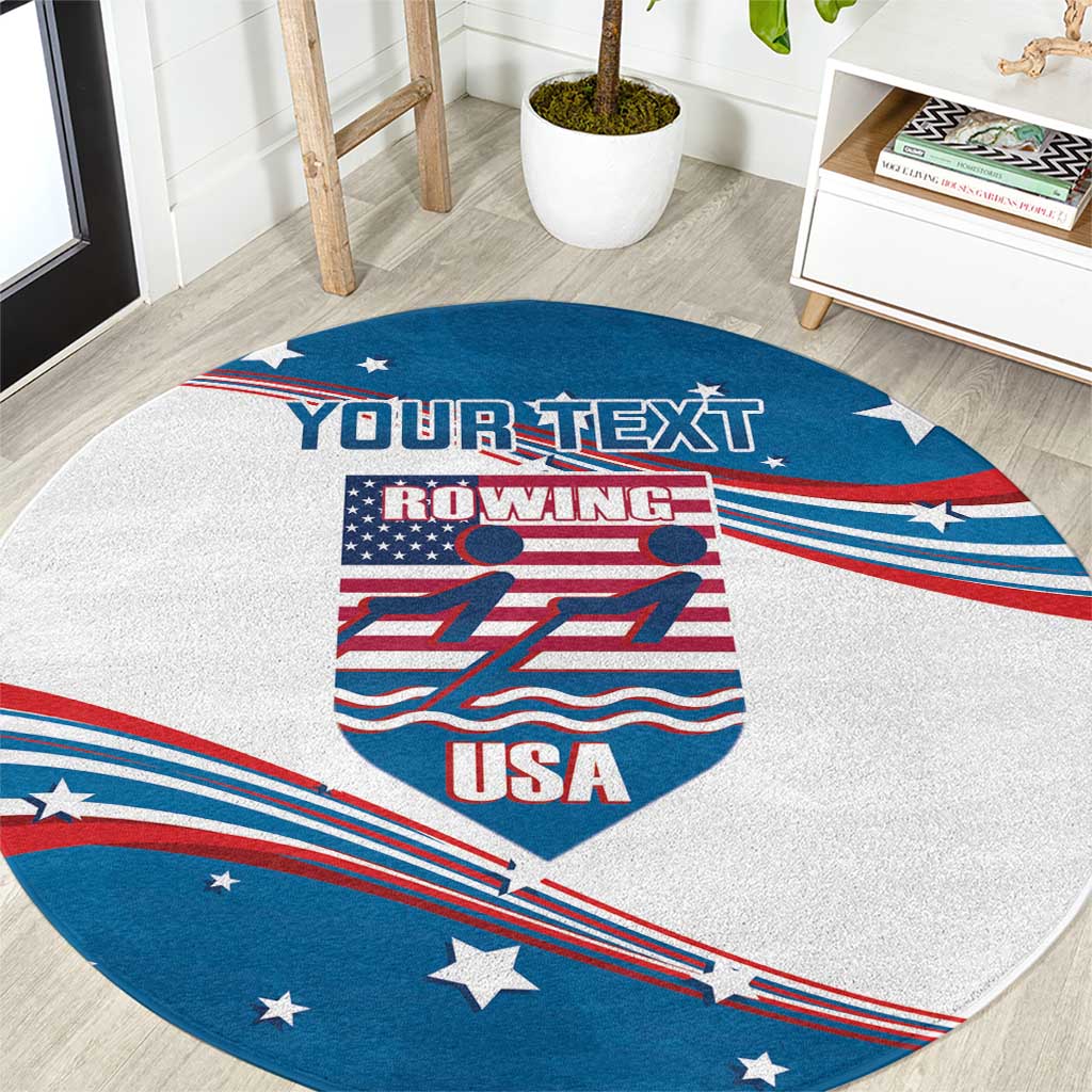 Round carpet with patriotic rowing graphic, 'YOUR TEXT' banner, and blue border.