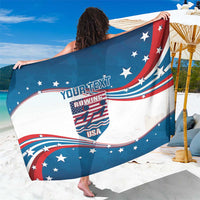 Personalized USA rowing sarong with large flag stars and stripes graphic, draped